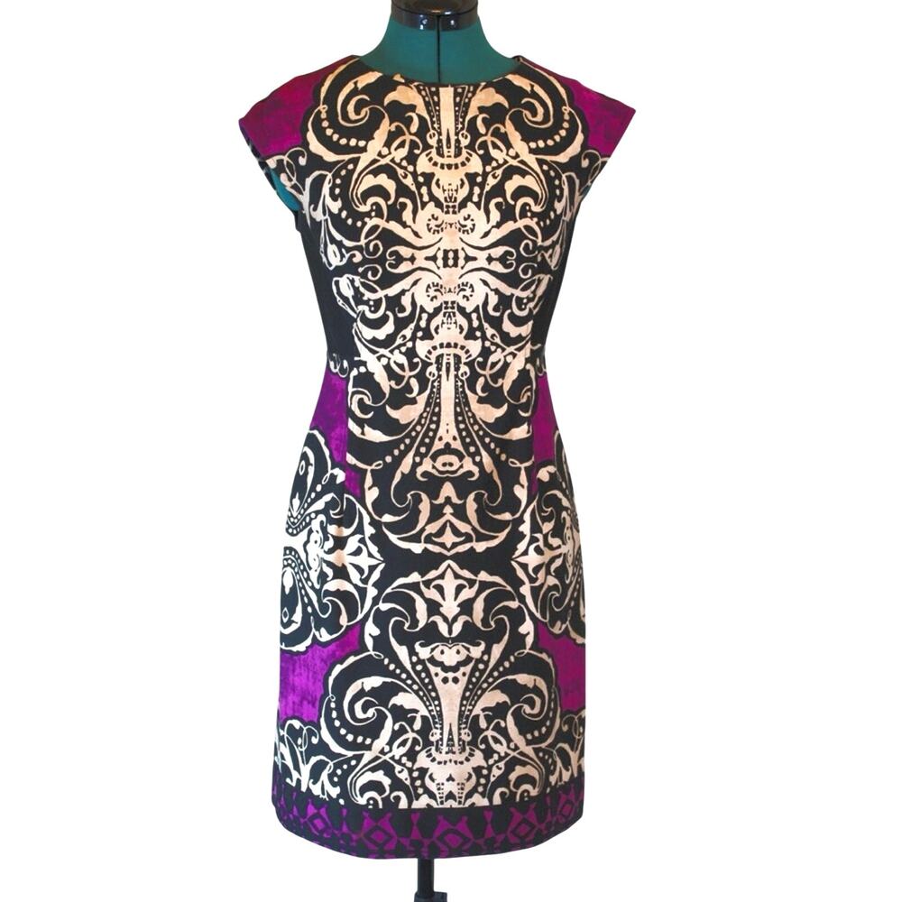 Donna Morgan Cap Sleeve Sheath Dress Black Cream Purple Scroll Print Size 4